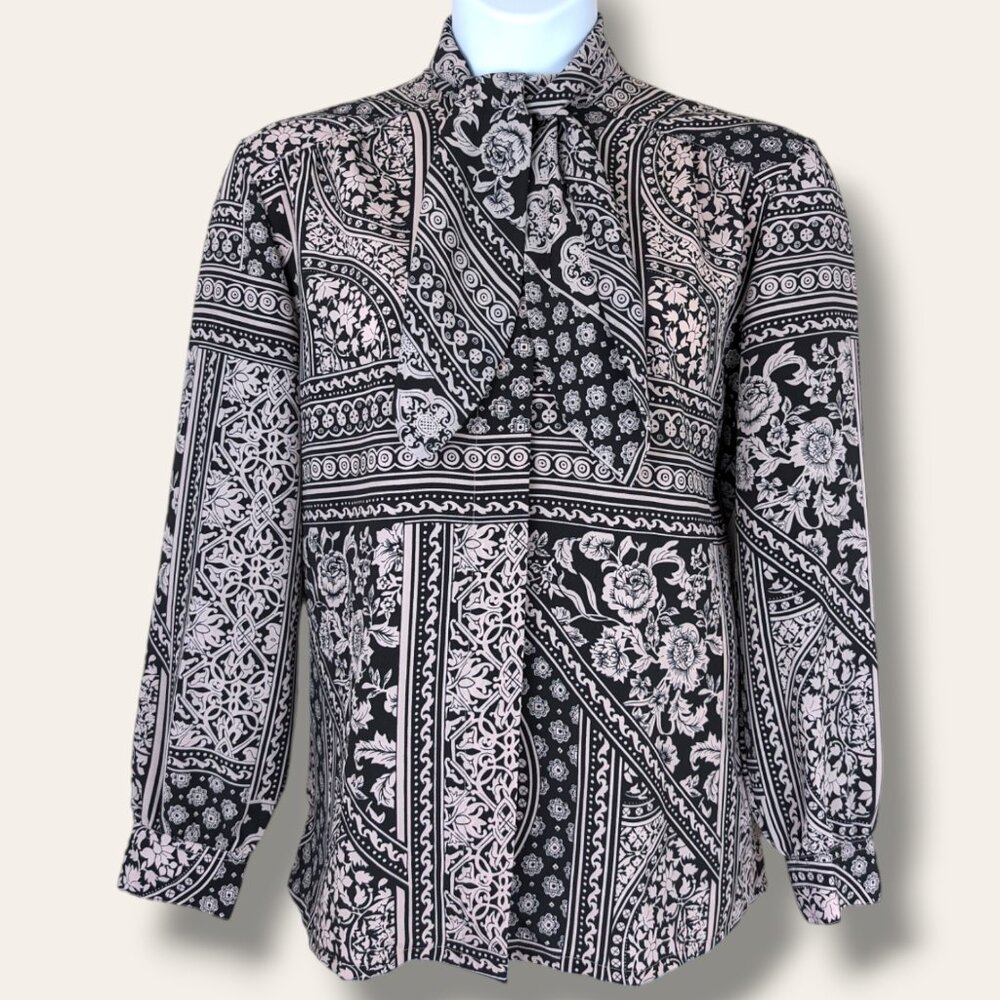 TanJay Black and Light Pink Printed Long-Sleeve Blouse